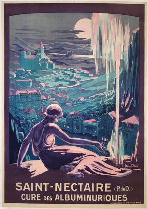 a poster of a woman sitting on a rock looking at a waterfall