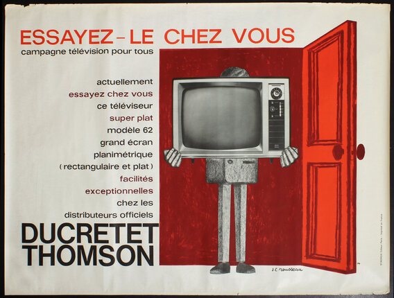 a poster with a drawing of a man holding a television