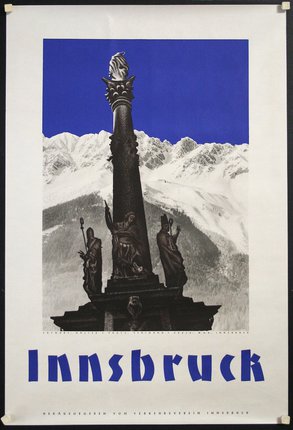a poster of a monument with a statue on top of a mountain