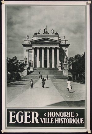 a poster of a building with columns