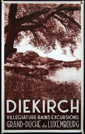 a poster with a tree and a river