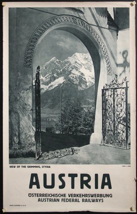 a poster of a gate and a mountain