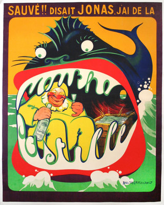 a poster of a fish with a man in the mouth