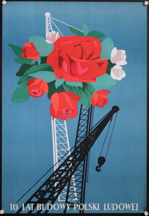a poster of a crane and flowers