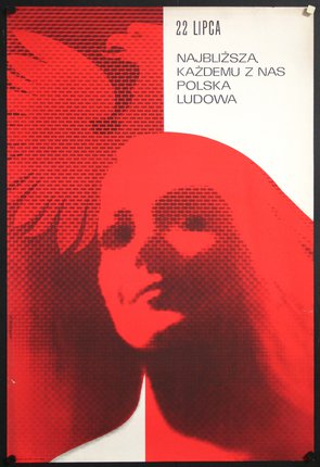 a red and white poster with a woman's face