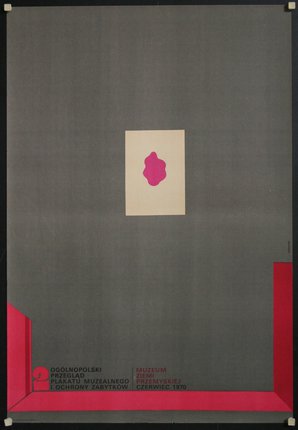 a poster with a pink and white square on a gray background