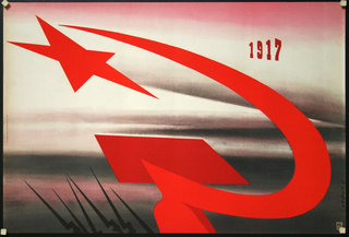 a red and white poster with a red arrow and a red star