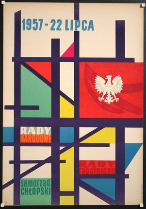 a poster with a white eagle and colorful squares