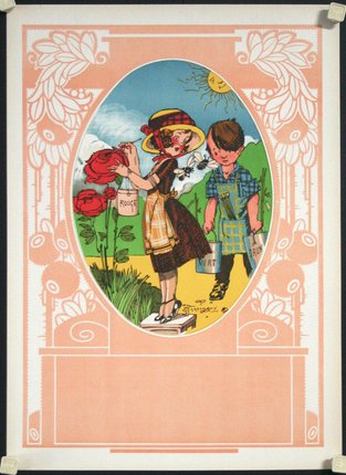 a poster with a girl and boy in a hat
