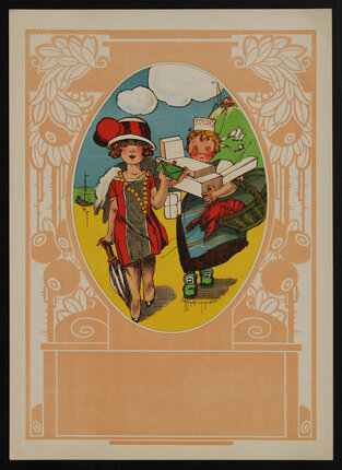 a poster with children carrying boxes