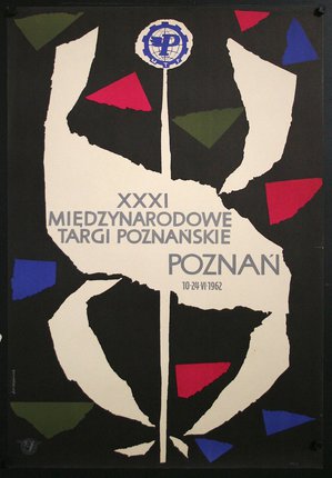 a poster of a white figure with red and blue triangles