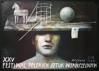 a poster with a man's head and a ball on a wooden surface