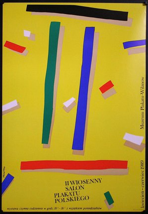 a yellow poster with colorful strips