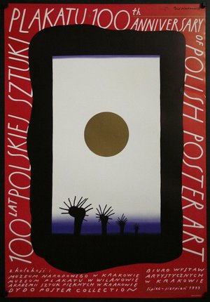 a poster with a black border and a white and red background