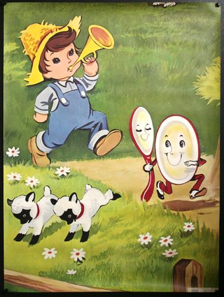 a poster of a boy playing a horn and two sheep