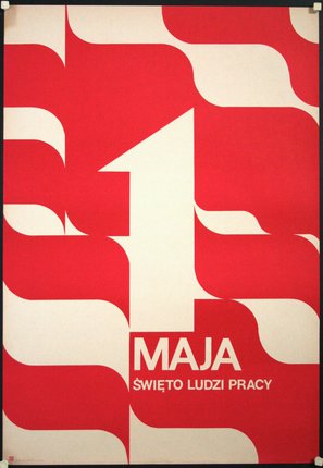 a red and white poster with a number one