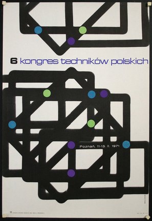 a poster with black squares and blue and green dots
