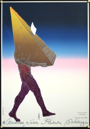a poster of a man carrying a pyramid