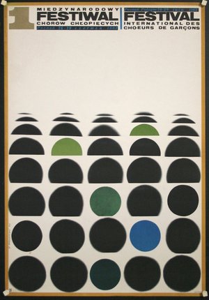 a poster with black circles and blue circles