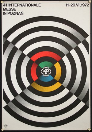a black and white poster with a circular pattern