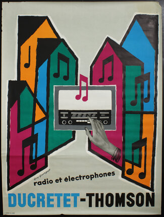a poster with a hand touching a radio and musical notes around it
