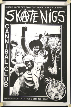a black and white poster with a group of people holding their fists