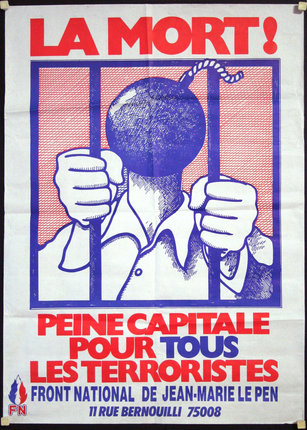 a poster with a person holding a bomb behind bars