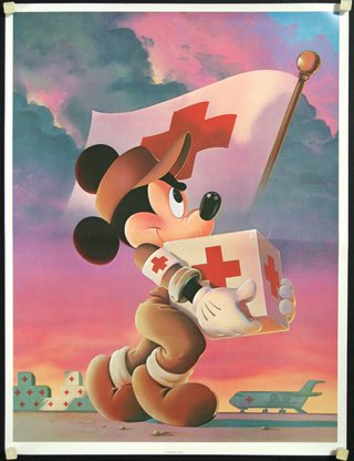 a cartoon character carrying a box with a red cross