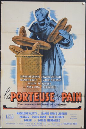 a poster of a woman holding bread