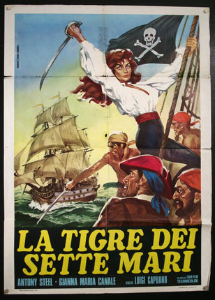 a poster of a woman holding a sword and a pirate ship