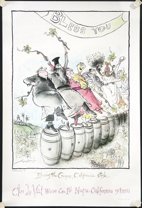 a poster of a group of people sitting on barrels