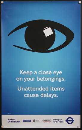 a blue sign with a black eye and a briefcase on it