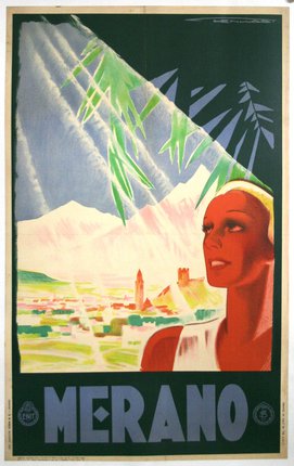 a poster of a woman looking at a city