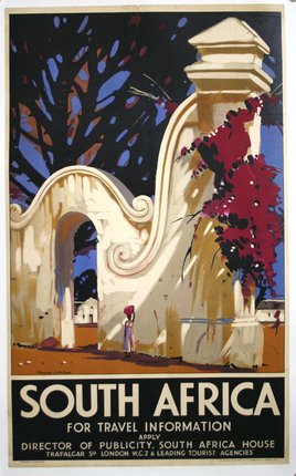a poster of a white building with a woman standing in front of it