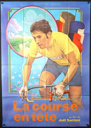 a poster of a man riding a bicycle