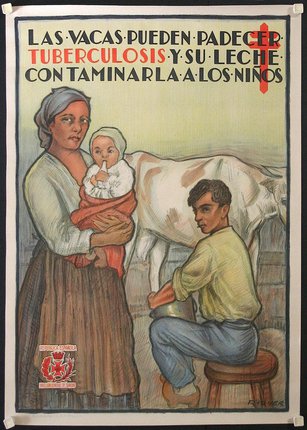 a poster of a woman holding a baby and a man sitting on a cow