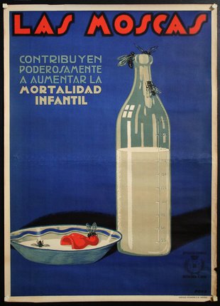 a poster of a bottle and a bowl of flies