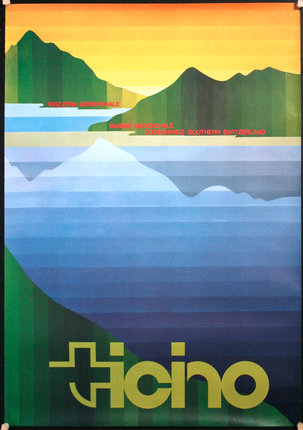 a poster of mountains and water