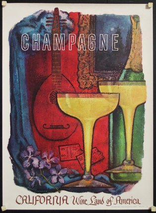 a poster of a wine bottle and glasses