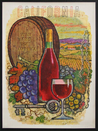 a poster of a wine bottle and a barrel