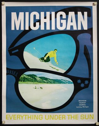 a poster with a man skiing through sunglasses