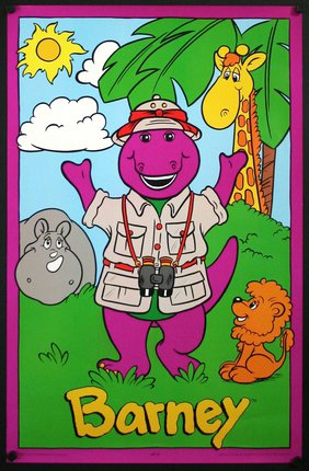 a purple dinosaur with a hat and binoculars