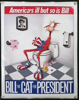 a poster of a cartoon cat sitting on a toilet