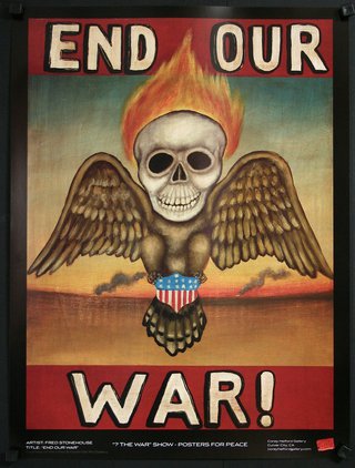 a poster with a skull with wings and a flag on it