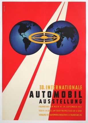 a poster with two blue globes and a red and white stripe