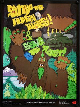 a poster with a large brown bear and a green tank