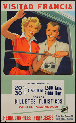 a poster of a man and woman waving from a train window
