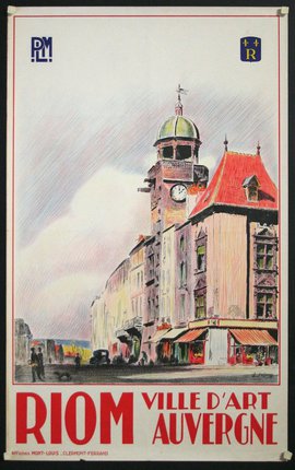 a poster with a clock tower