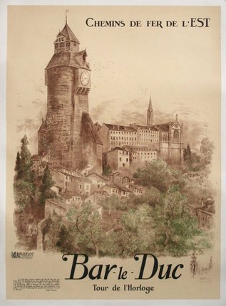 a poster with a clock tower and buildings