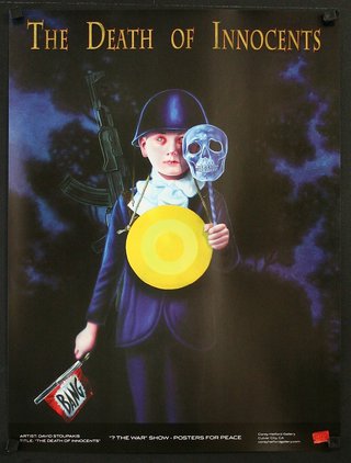 a painting of a boy holding a gun and a yellow disc